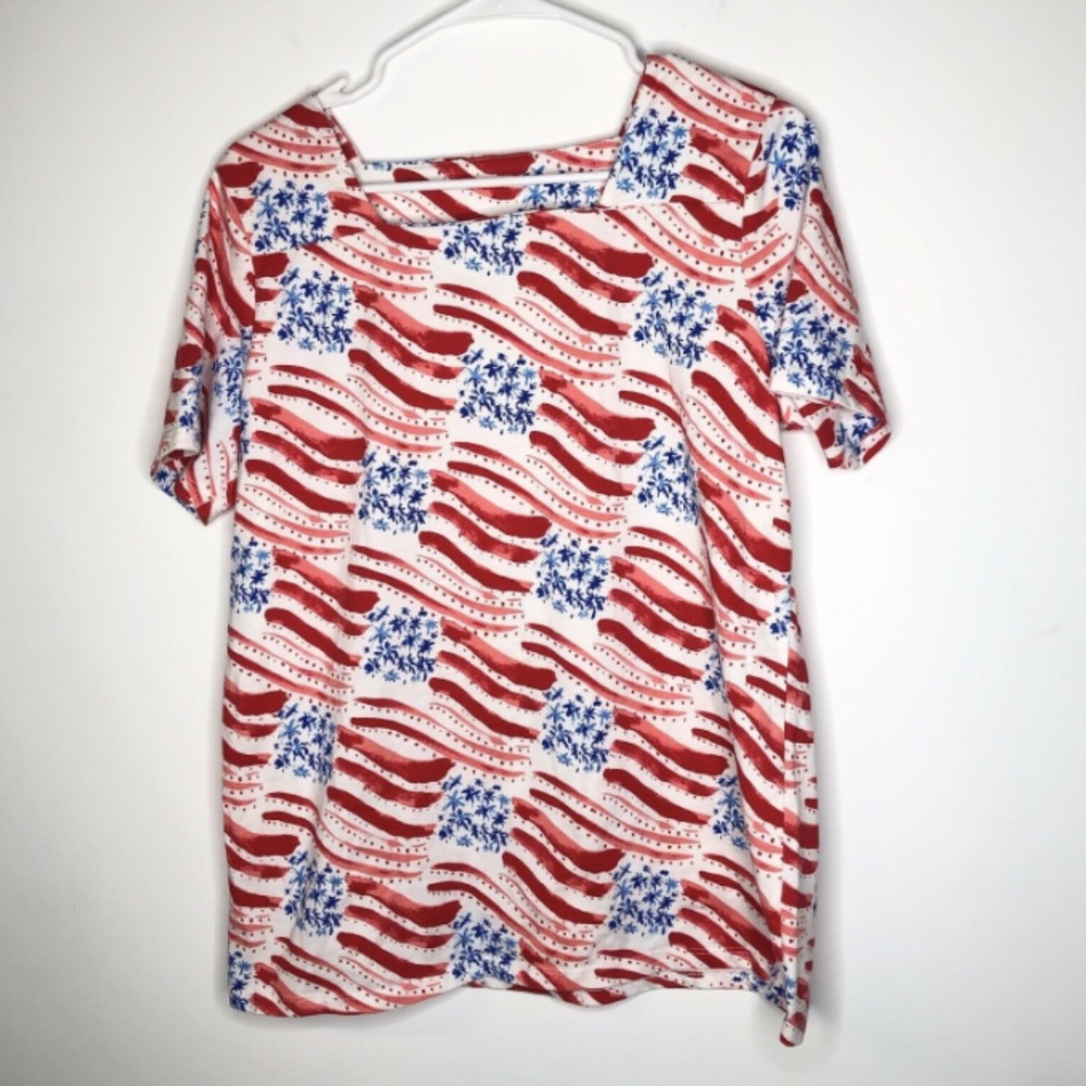 Coral Bay Womens T Shirt Size L Red White Blue Stripes Square Neck Short Sleeve